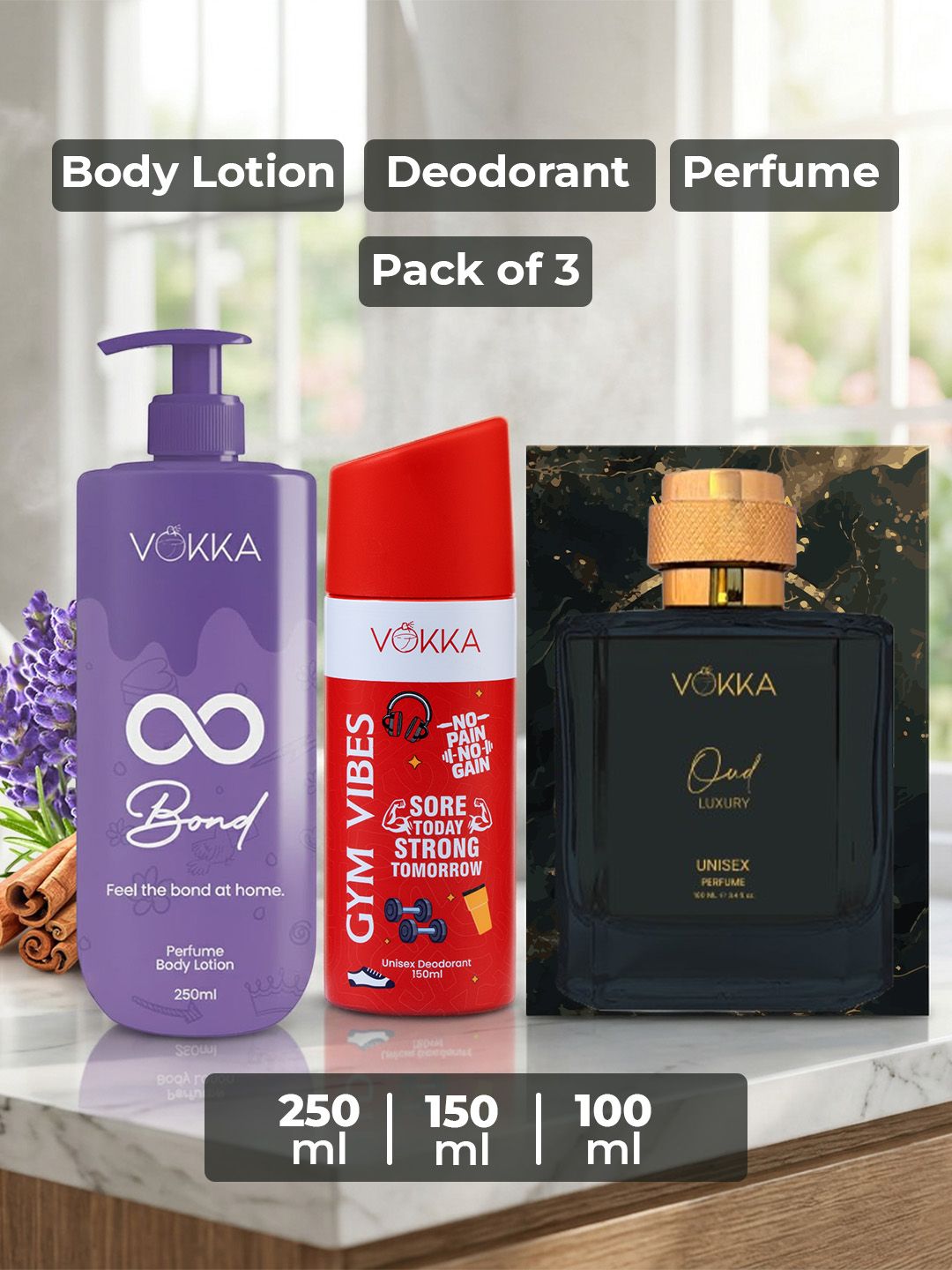 VOKKA Set Of 3 Gym Vibes Deodorant -150 ml Oud Perfume -100 ml & Bond Body Lotion - 250 ml-image-43