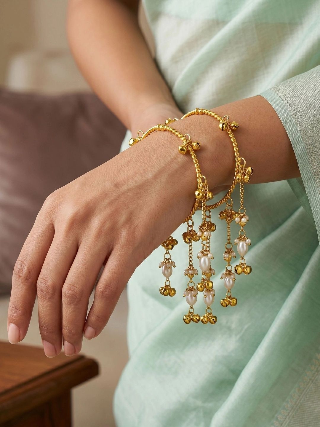 Yellow Chimes Set of 2 Gold-Plated Pearls Bridal Bangles-picture-38
