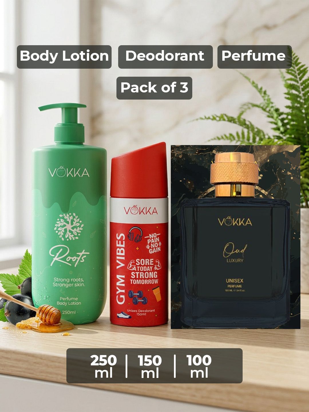 VOKKA Set Of 3 Gym Vibes Deodorant -150 ml Oud Perfume -100 ml & Roots Body Lotion- 250 ml-image-39