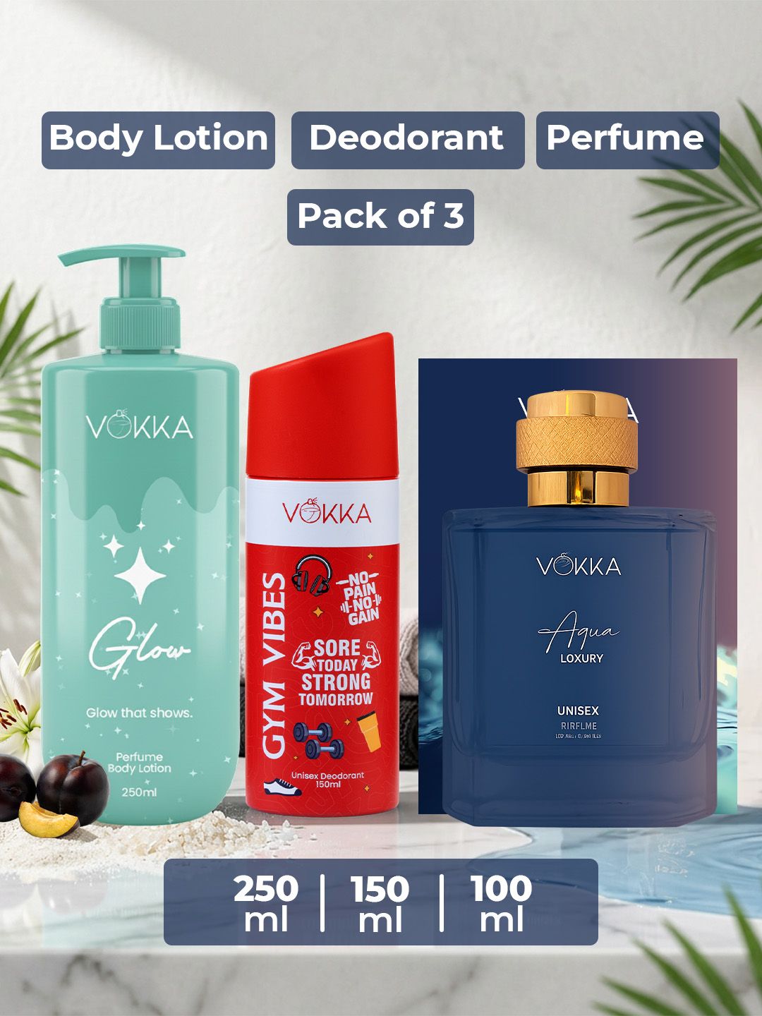 VOKKA Set Of 3 Gym Vibes Deodorant 150 ml Aqua Perfume 100 ml & Glow Body Lotion 250 ml-picture-49