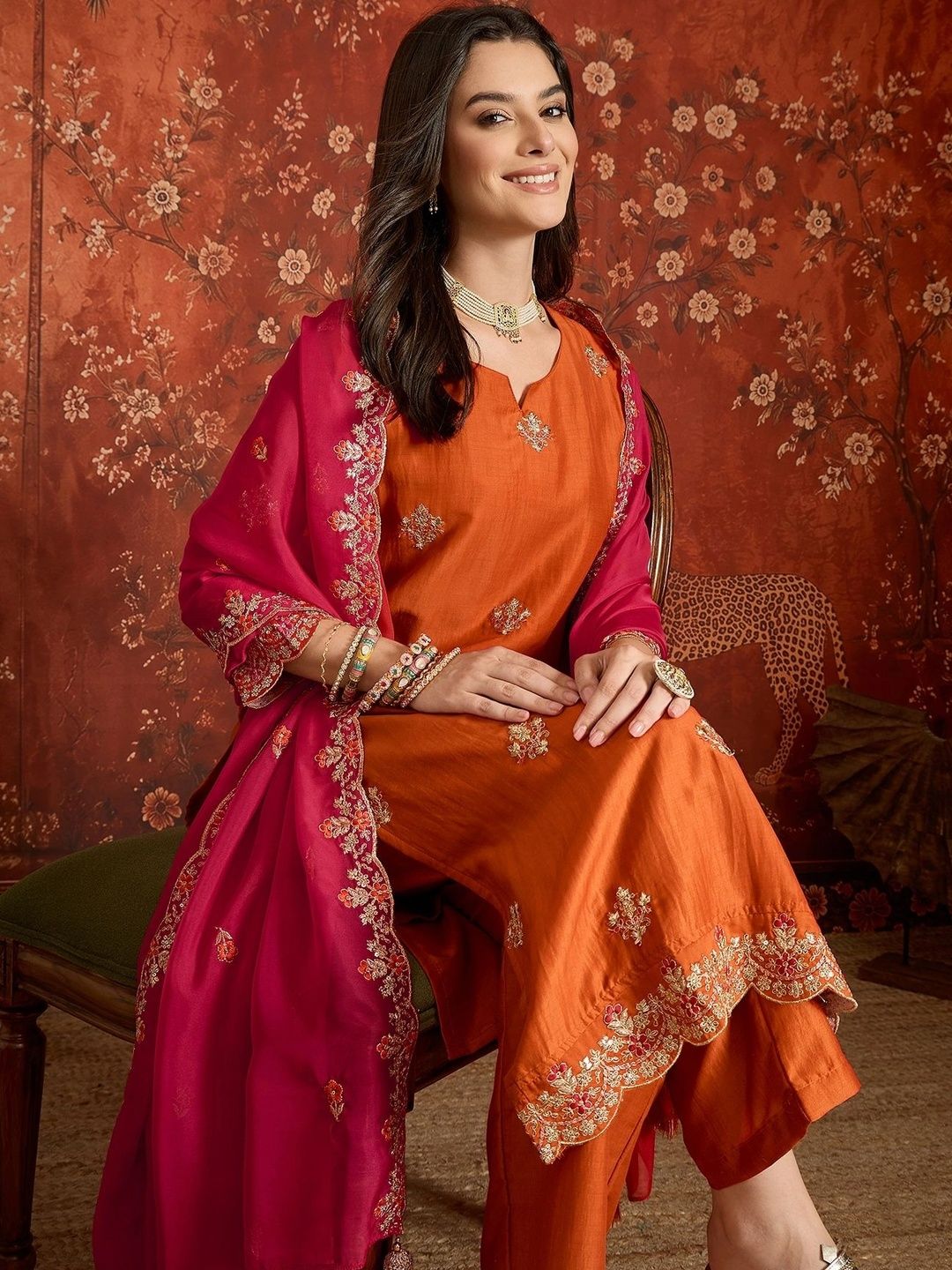 Sangria Women Ethnic Motifs Embroidered Regular Kurta with Trousers & With Dupatta-picture-21