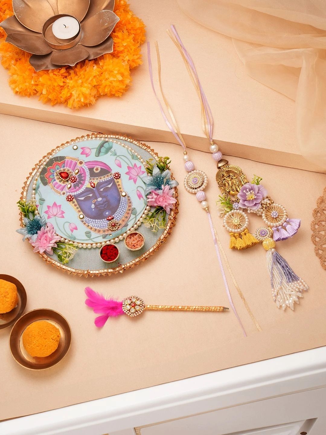 Aapno Rajasthan Set Of 4 Stones Studded & Beaded Rakhi & Lumba with Beaded Thali Set-picture-24