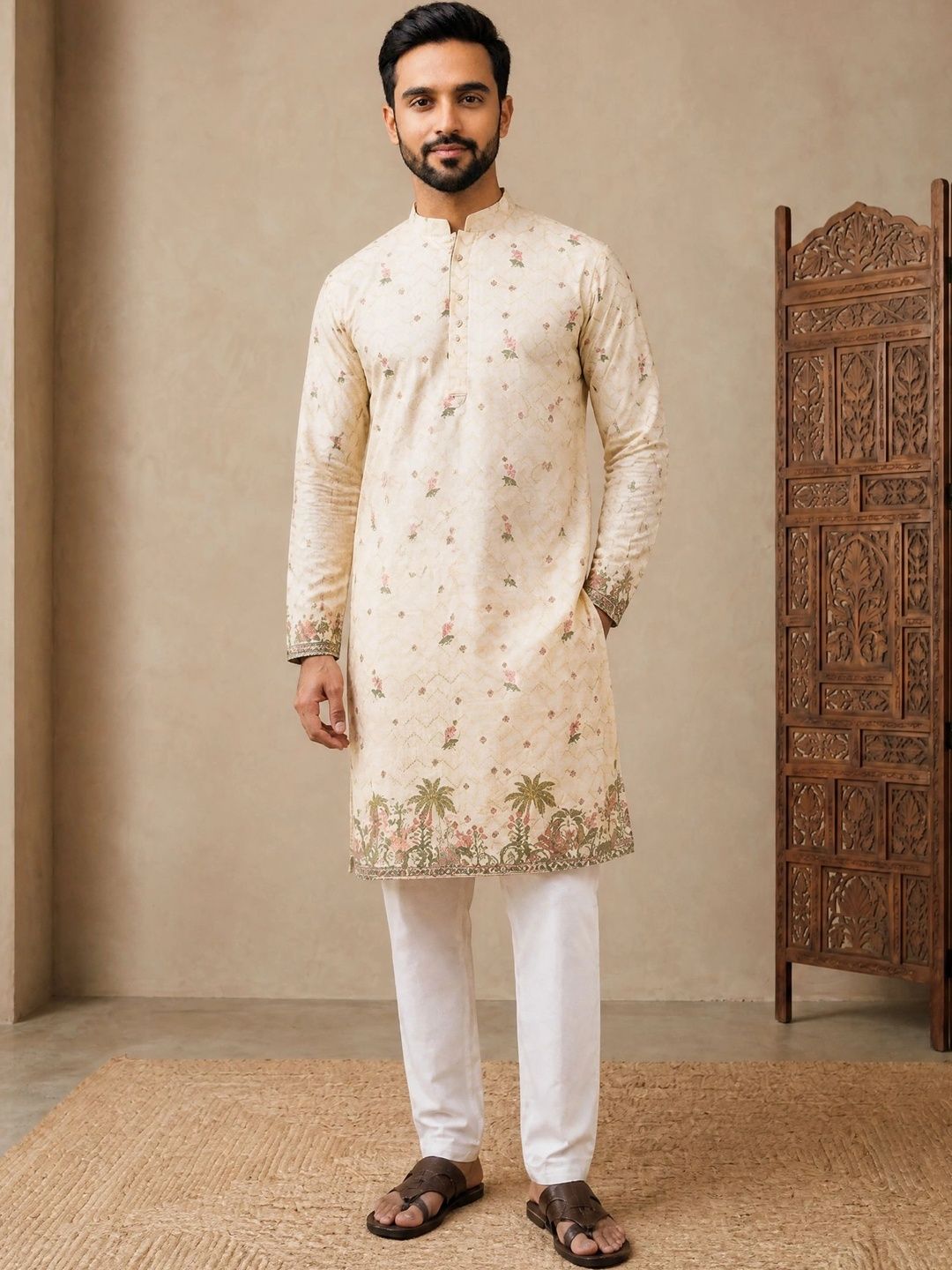 Moda Rapido Men Floral Printed Thread Work Floral Kurta-picture-10