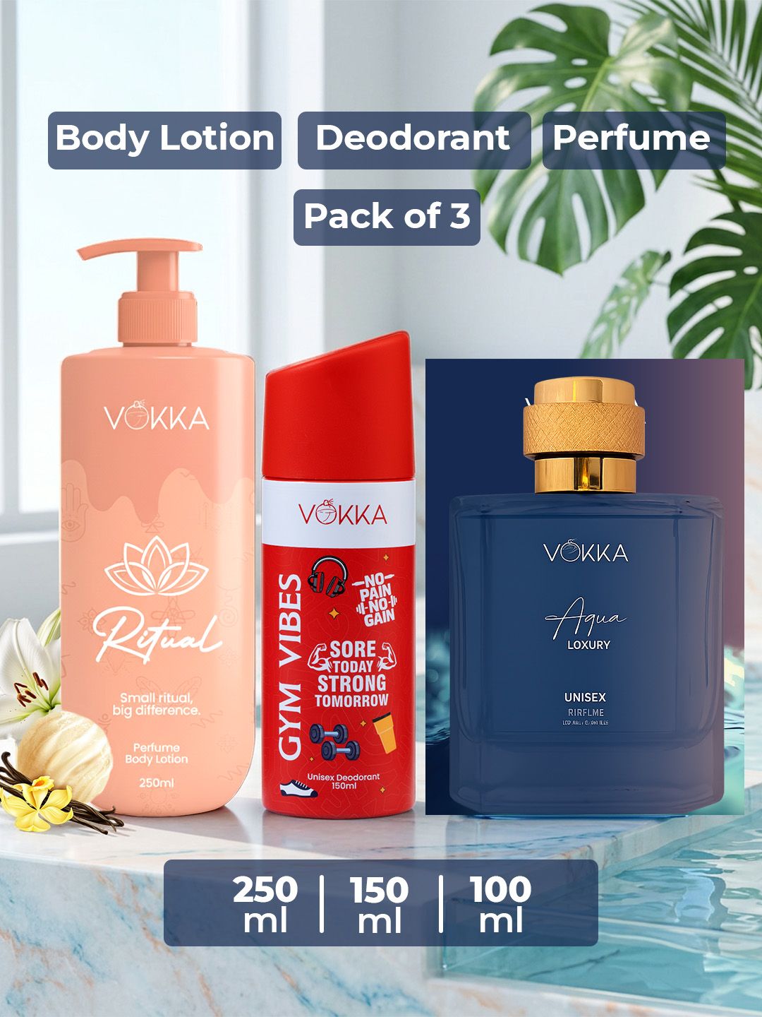 VOKKA Set Of 3 Gym Vibes Deodorant 150 ml Aqua Perfume 100 ml & Ritual Body Lotion 250 ml-image-36