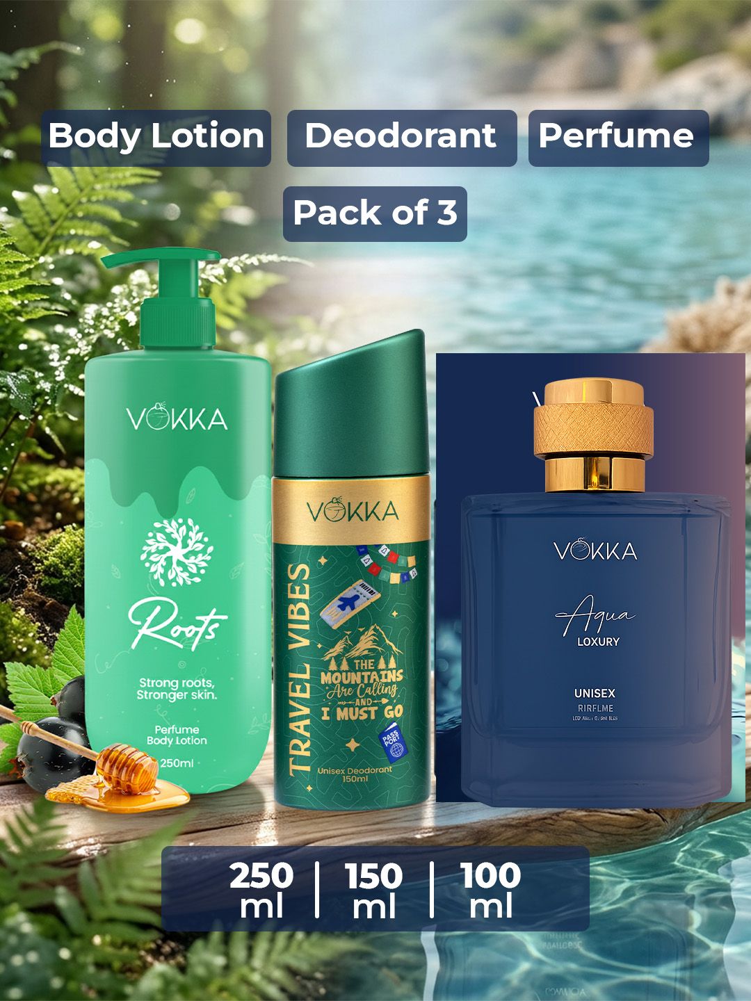 VOKKA Set Of 3 Travel Vibes Deo 150 ml, Aqua Perfume 100 ml & Roots Body Lotion 250 ml-image-33