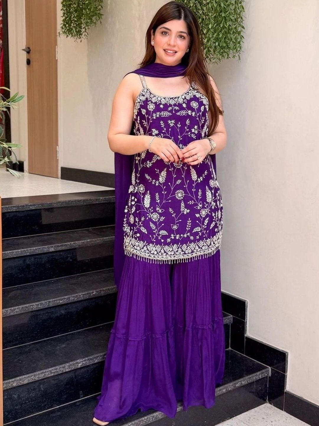 HERE&NOW Women Ethnic Motifs Embroidered Regular Thread Work Kurti with Sharara & With Dupatta-picture-16
