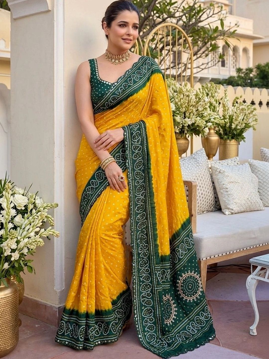 Kalista Bandhani Mirror Work Pure Georgette Bandhani Saree-image-40