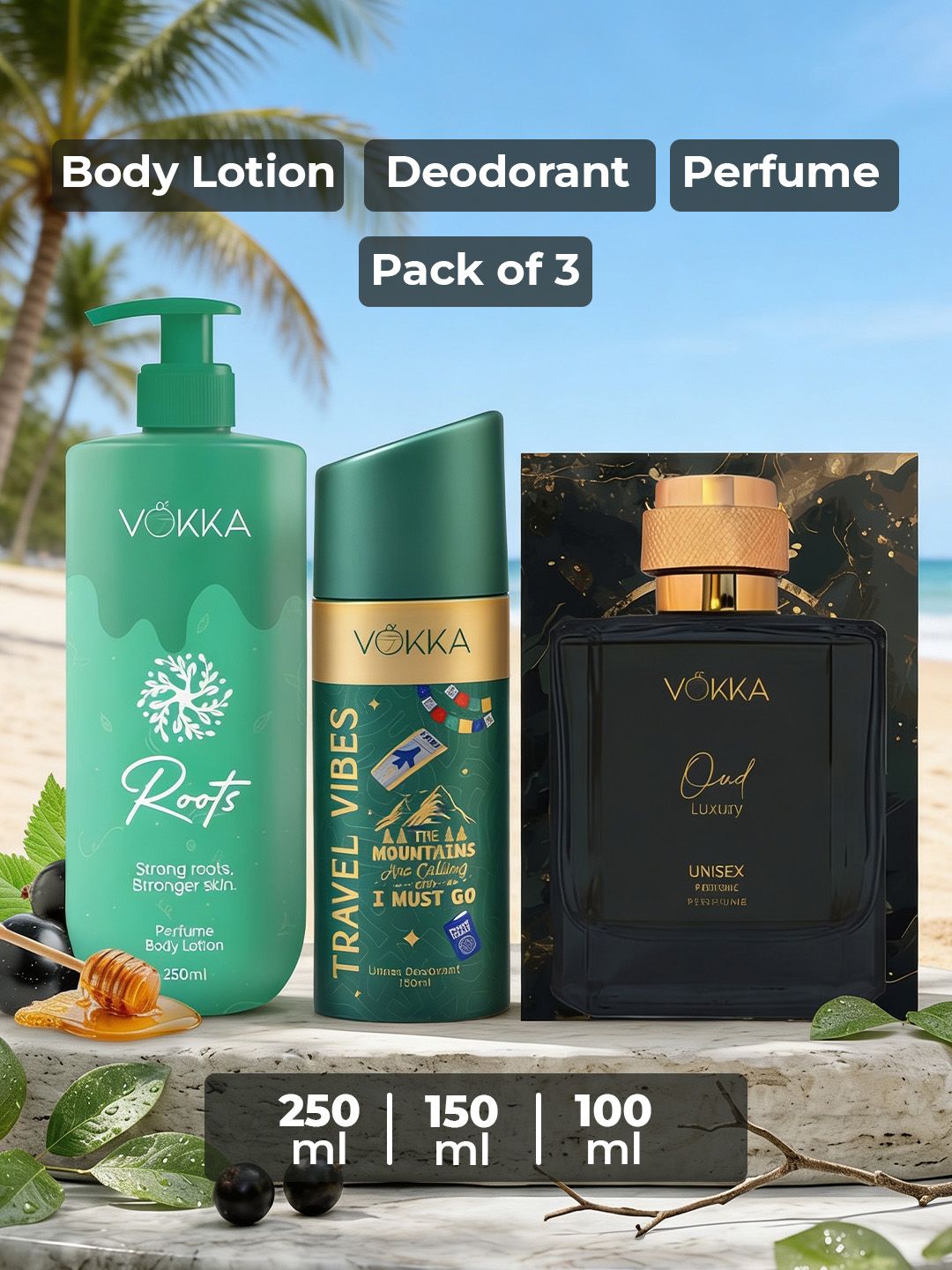 VOKKA Set Of 3 Travel Vibes Deo 150 ml Oud Perfume 100 ml & Roots Body Lotion 250 ml-image-48