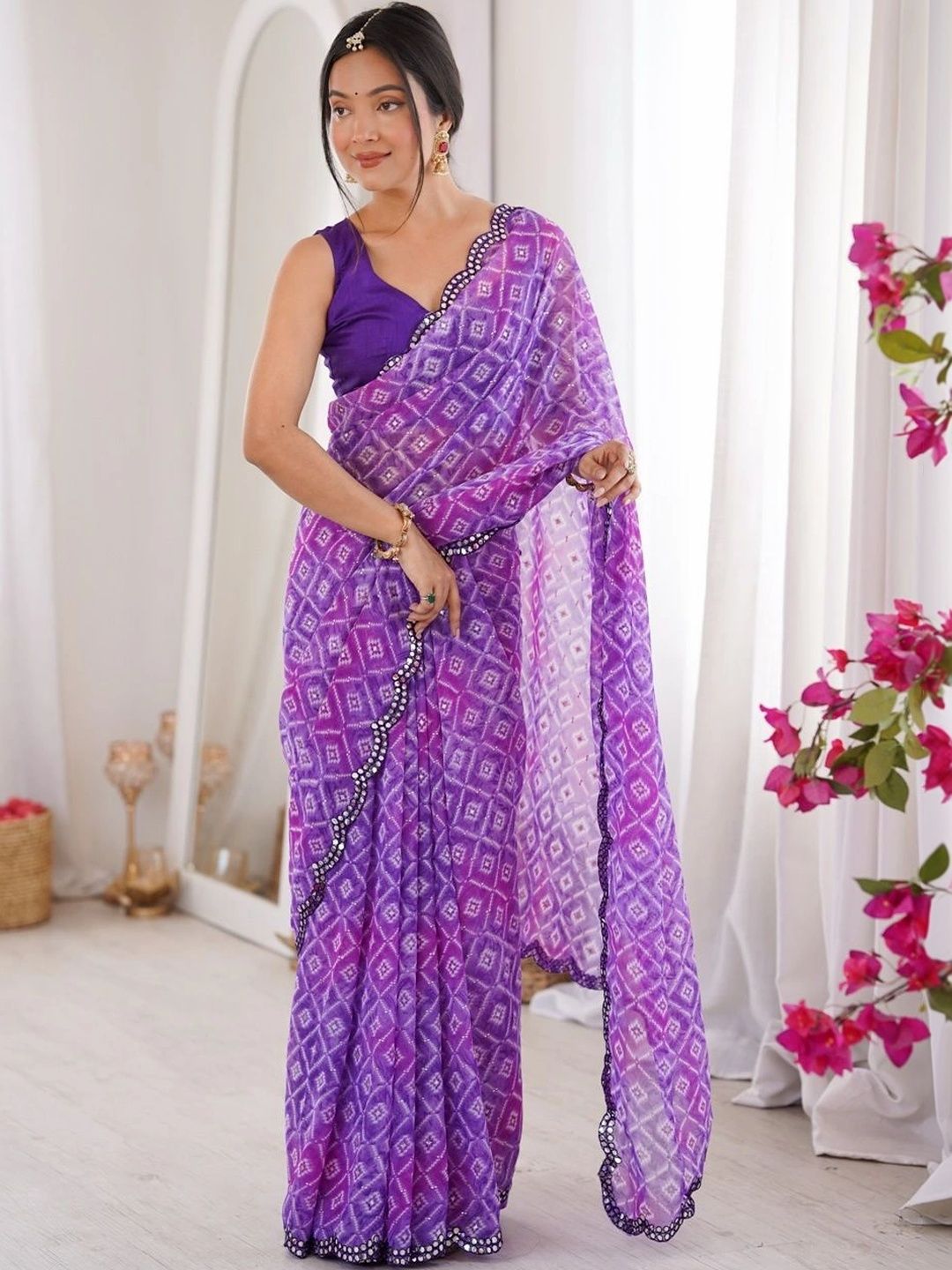 GAVESVARI Bandhani Mirror Work Poly Georgette Bandhani Saree-picture-49