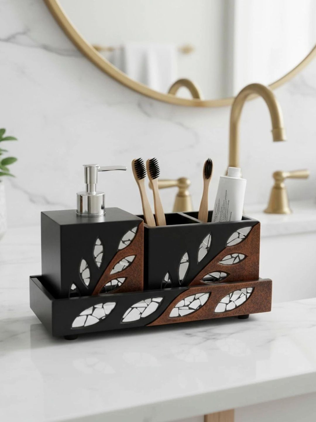 PRET HOMES Black Abstract Wood Bath Accessories Set-picture-30