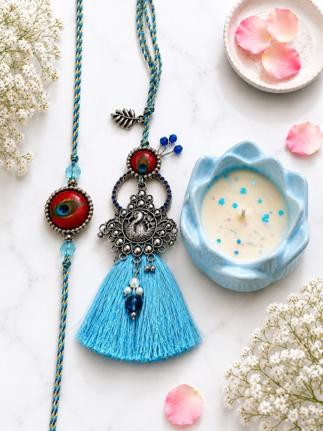 VIRAASI Blue Oxidised Bhaiya Bhabhi Rakhi Gift Set with Candle-picture-23