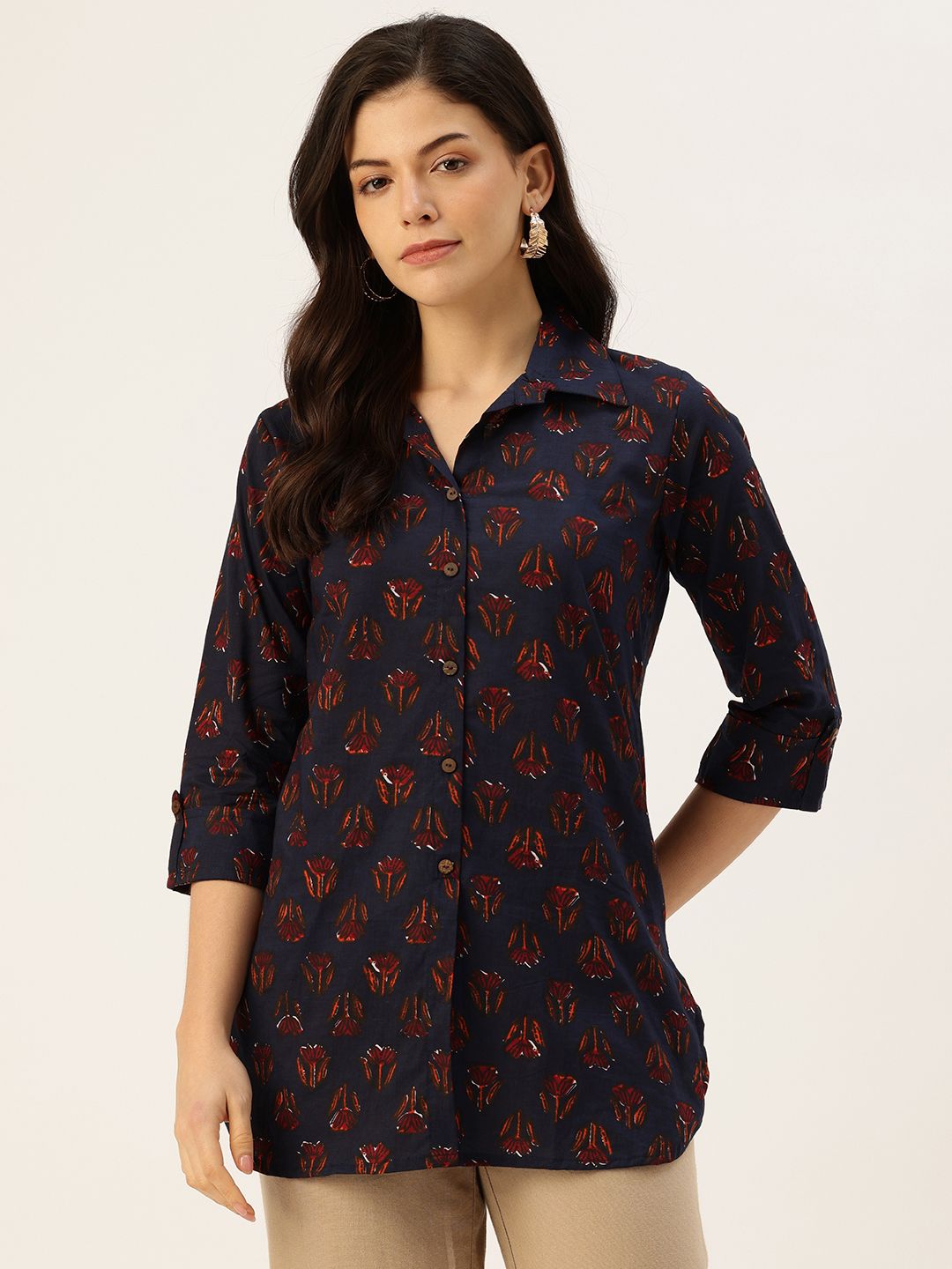 FERANOID Shirt Collar Floral Printed Tunic-picture-57