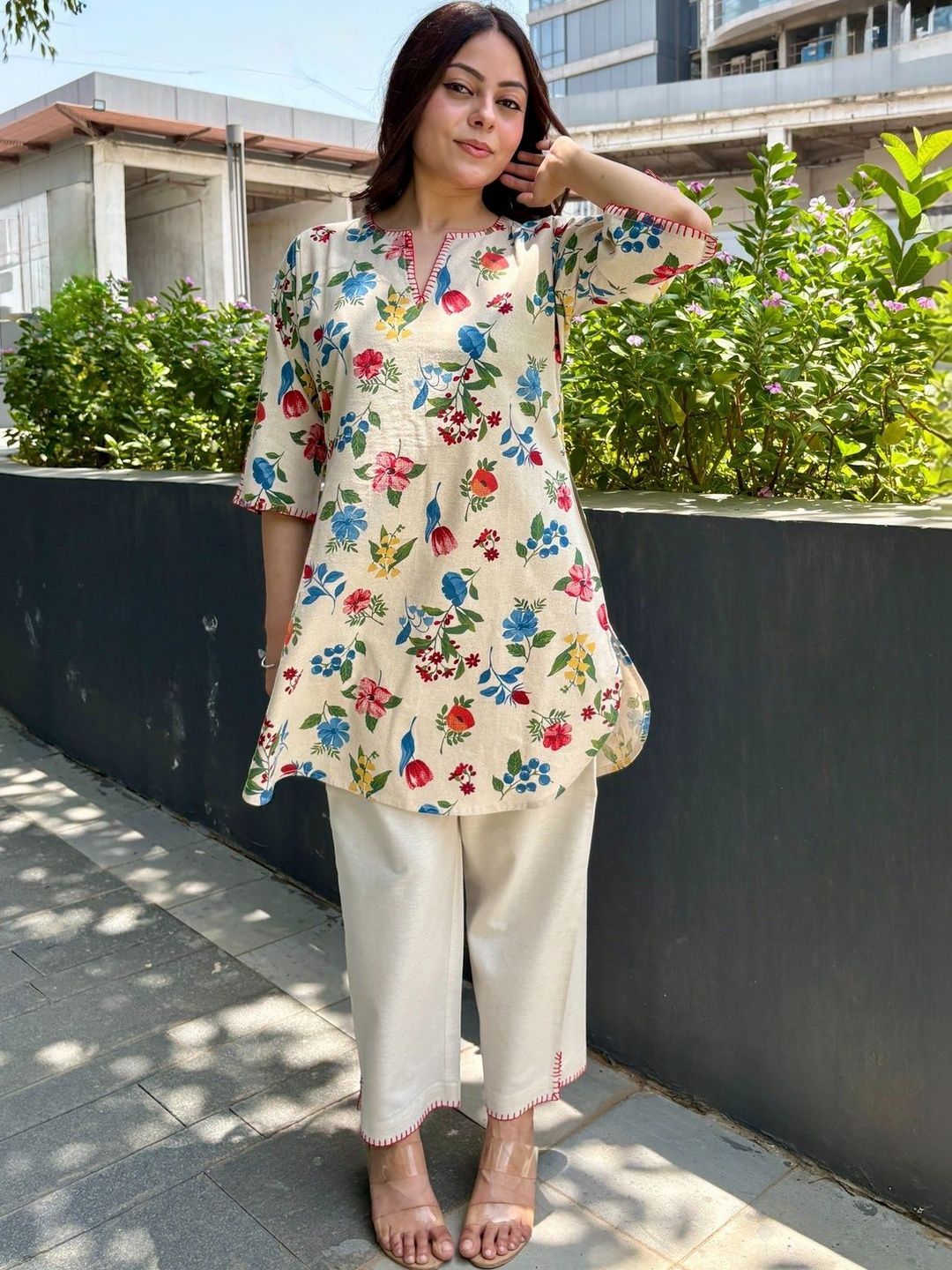 Minimul Floral Linen Printed Tunic with Trousers-image-26