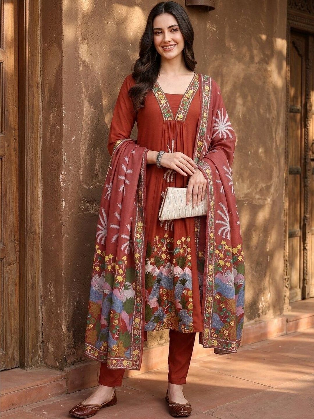 EVANORA Women Ethnic Motifs Embroidered Empire Thread Work Kurta with Trousers & With Dupatta-picture-23
