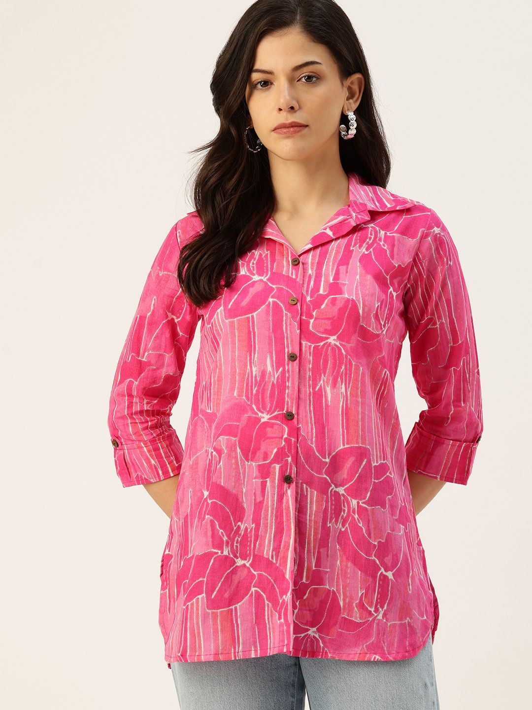 FERANOID Shirt Collar Floral Printed Tunic-picture-53