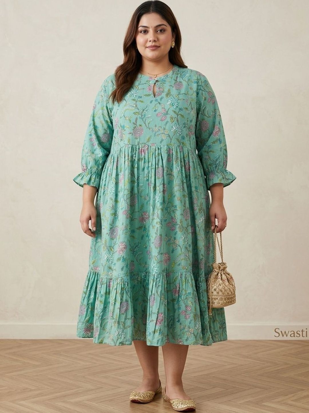 Sztori Printed Mandarin Collar Fit & Flare Ethnic Dresses-image-12