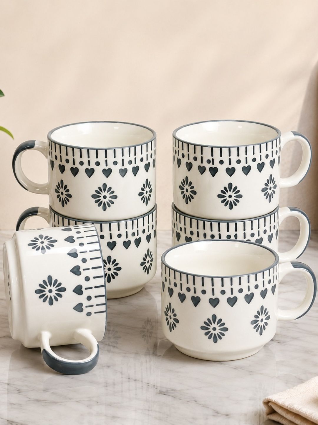DULI Grey & White Ethnic Motifs Printed Ceramic Glossy Mugs Set of Cups and Mugs-picture-24