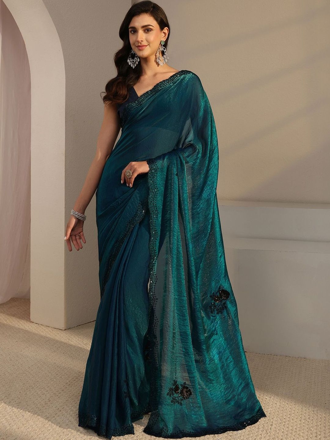 Libas Blue Floral Embellished Organza Saree With Unstitched Blouse Piece-picture-49