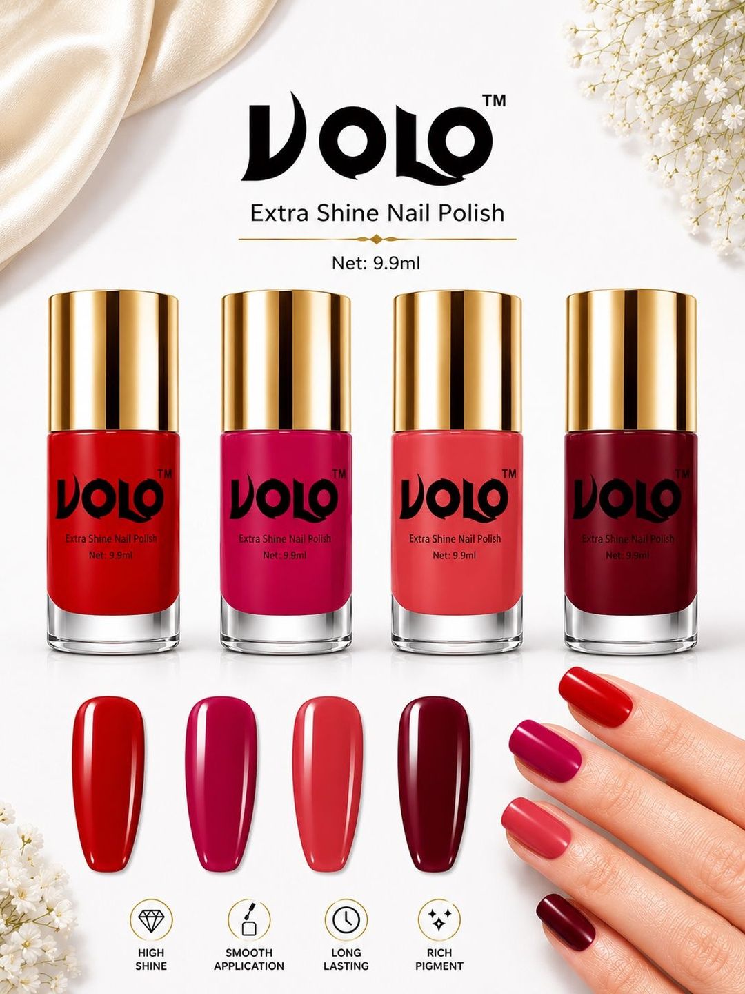 VOLO Set Of 4 Extra Shine Nail Paint - 9.9 ml - Each - Passion Pink-Red-Light Wine-image-2