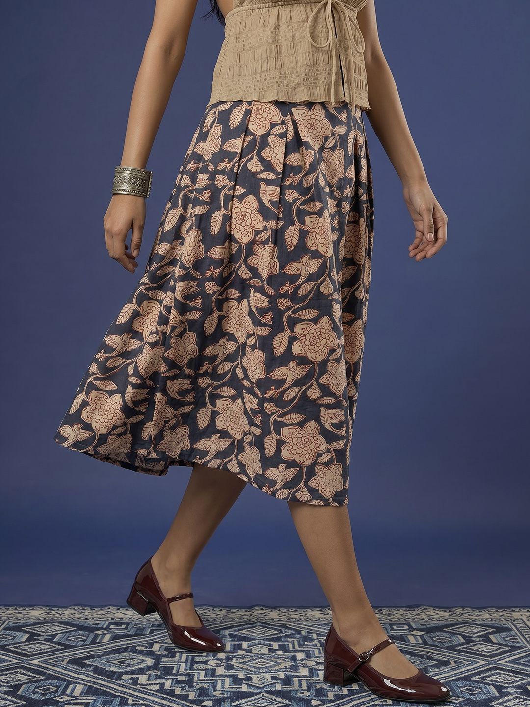 Taavi Kalamkari Floral Midi A-Line Pure Cotton Skirt-picture-40