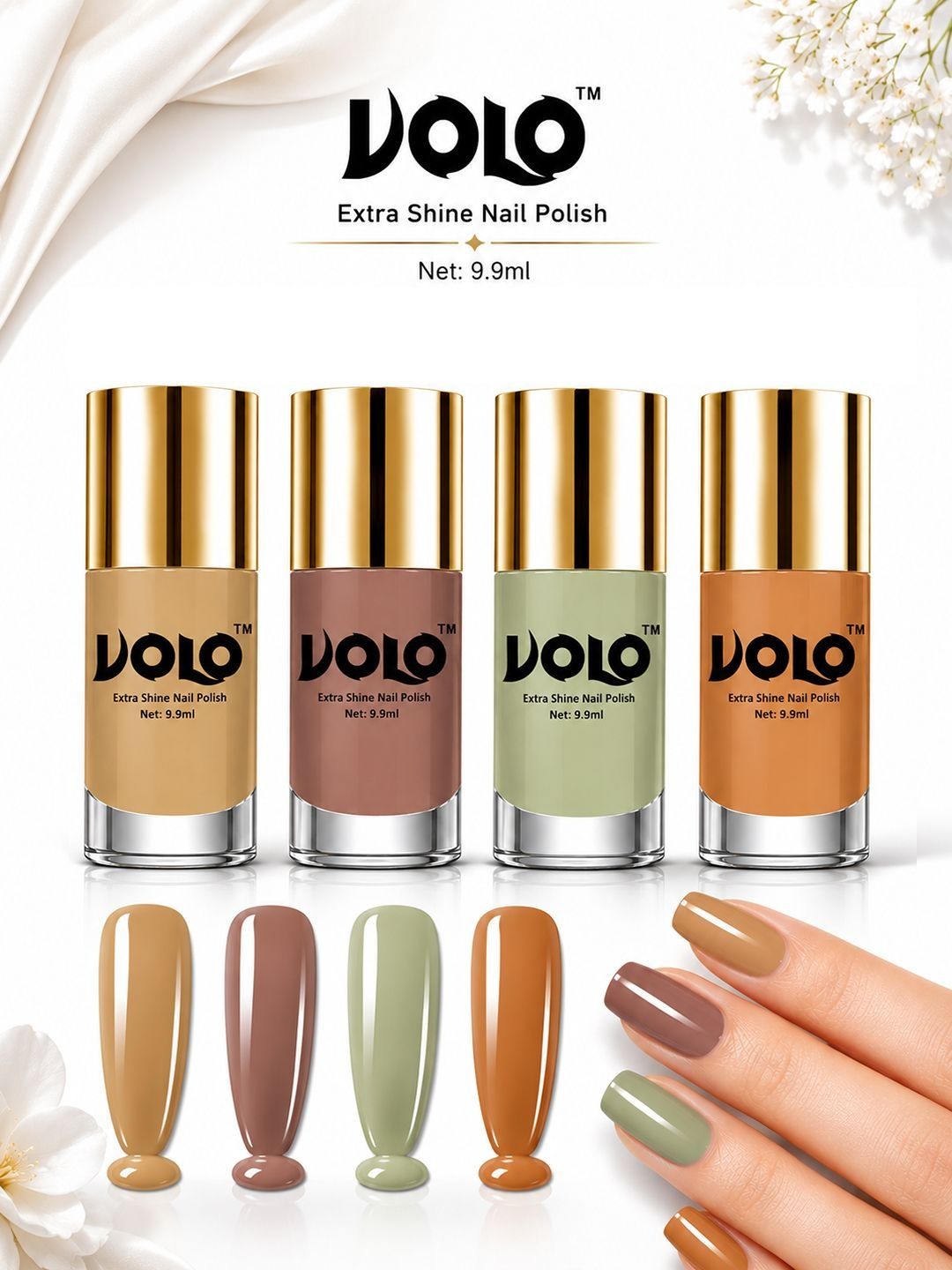 VOLO Set Of 4 Extra Shine Nail Paint - 9.9 ml - Each - Mischievous Mint-Flirty Nude-Nude-image-24