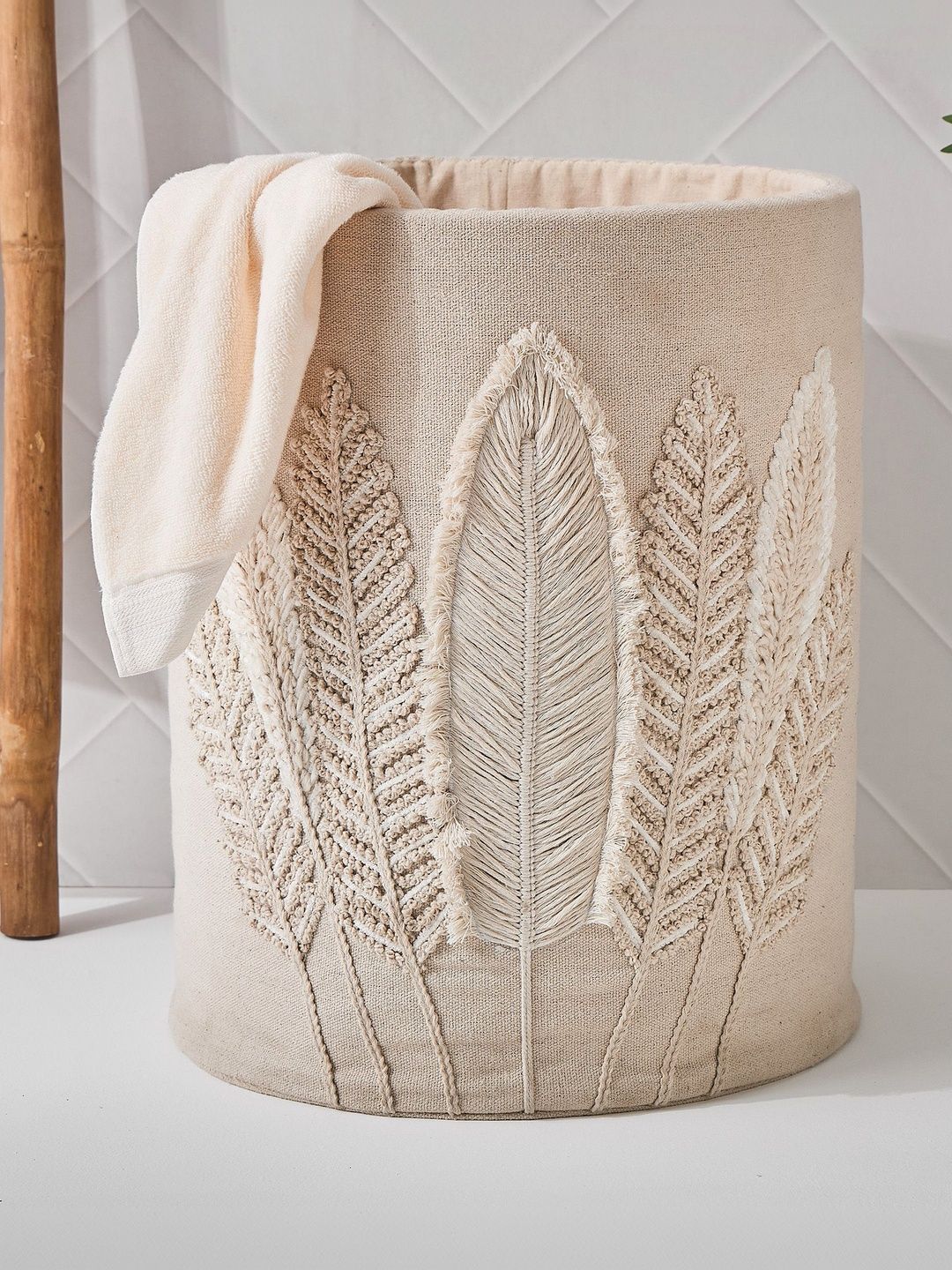 Home Centre Beige Embroidered Cotton Leaf Designed Laundry Bag-picture-44