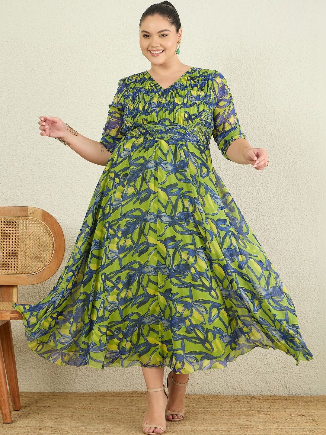 Antheaa Curve Embellished Floral Print Chiffon A-Line Midi Dress-picture-48