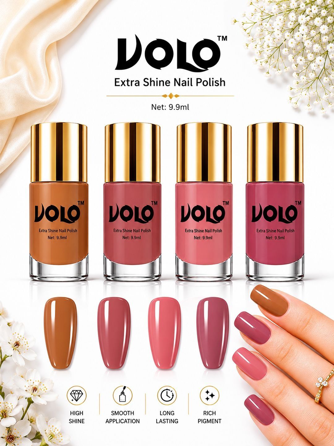VOLO Set Of 4 Gloss Finish Nail Polish - 9.9 ml - Nudes Spring Candy Cotton Dark Nude Tan-image-23