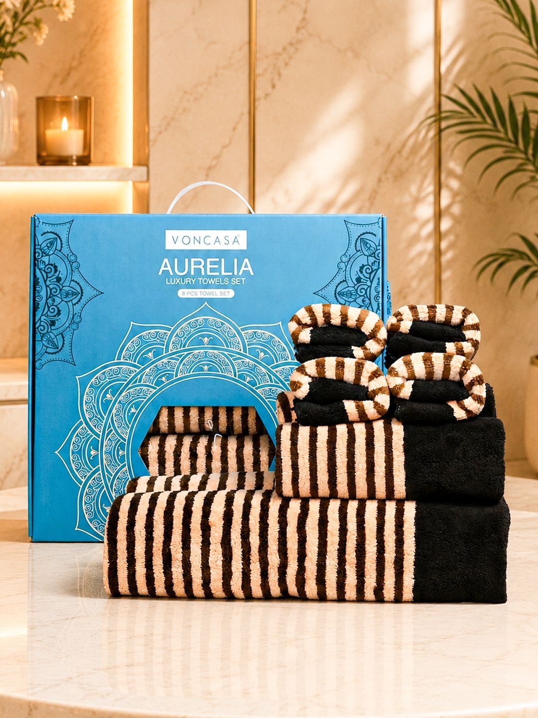 MARKET99 Set of 8 Brown & Black Striped 290 GSM Microfiber Towels-image-46