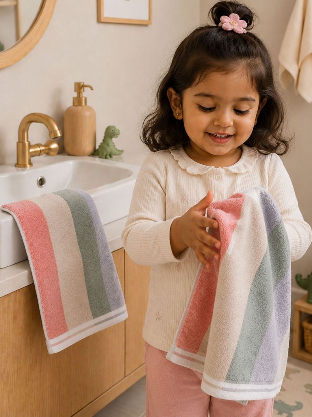 MYTRIDENT 2-Pcs Pink & Grey Striped Pure Cotton Hand Towels-image-37