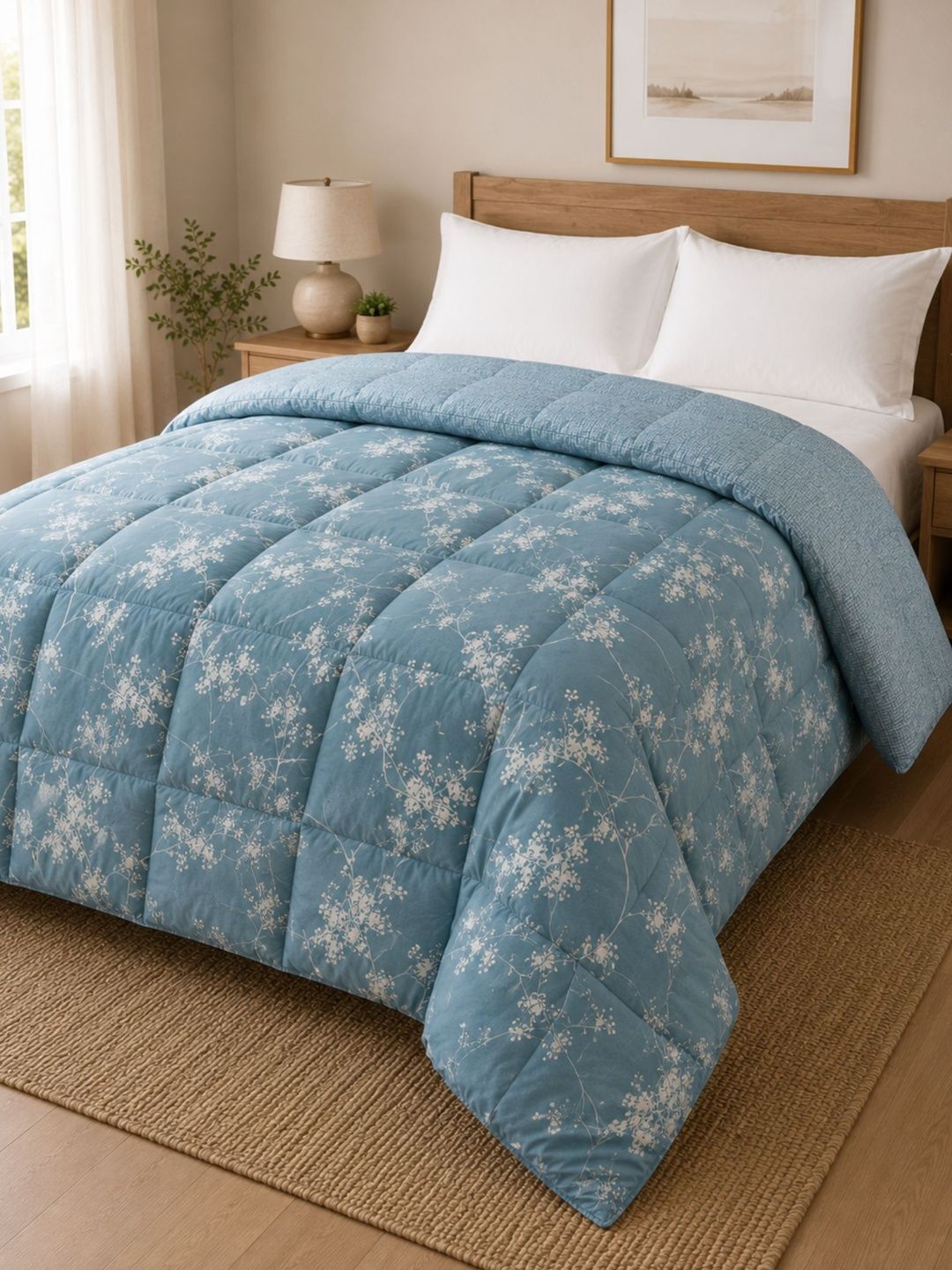 Florida Blue & White Floral Microfiber AC Room 233 GSM Comforter-image-26