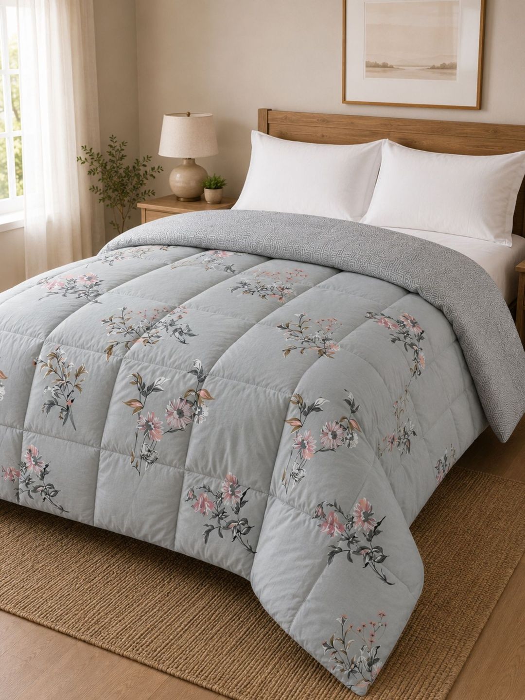 Florida Grey & Pink Floral Microfiber AC Room 233 GSM Comforter-image-38