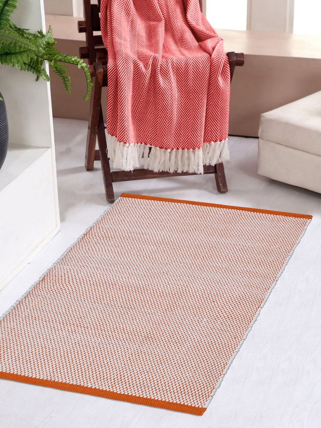 Homzz Kids Orange & White Textured Cotton Anti-Skid Dhurrie-image-5