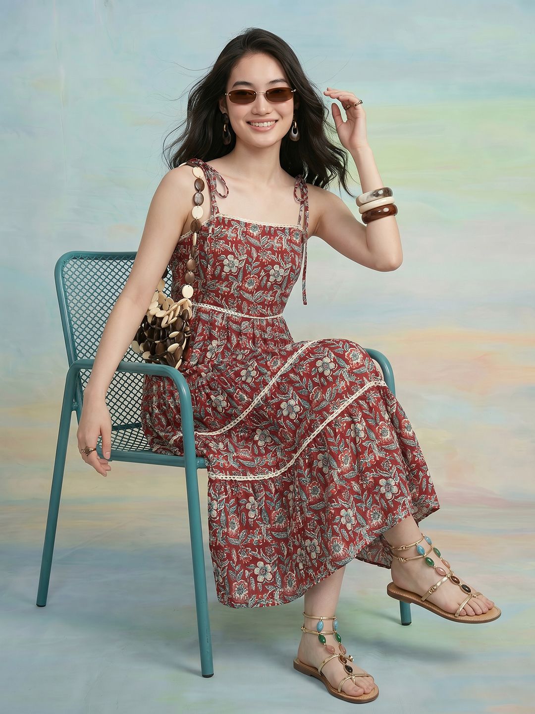 ZACCAI Floral Printed Pure Cotton Fit & Flare Midi Dress-picture-45