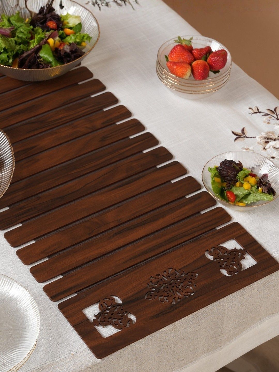 HOME 360 Camel-Brown Artisan Espresso Slat Table Runner With Laser-Cut Medallions-picture-21