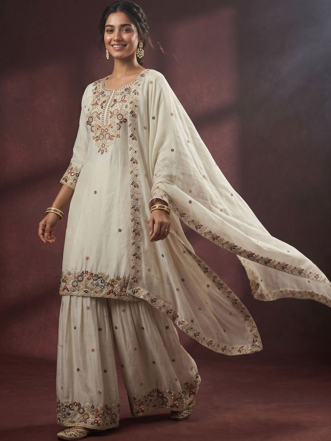 Koskii Women Ethnic Motifs Embroidered Regular Thread Work Silk Crepe Kurta with Sharara & With Dupatta-picture-36