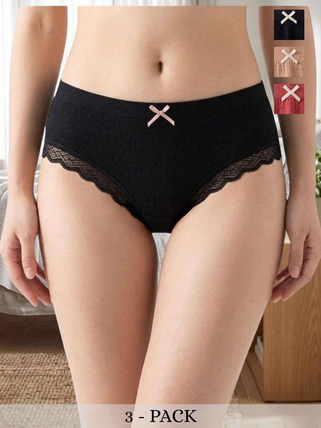 SBJ COLLECTIONS Women Pack of 3 Self Design Anti Bacterial Lace Hipster Briefs-picture-52