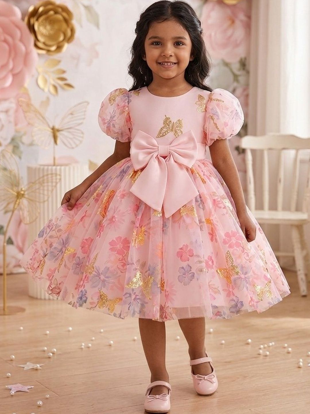 BAESD Floral Print Puff Sleeve Net A-Line Dress-image-21