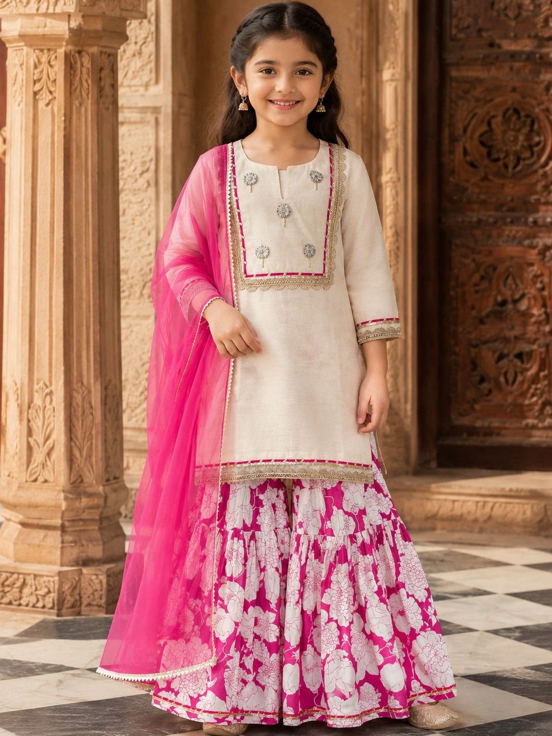 Bitiya by Bhama Girls Floral Regular Chanderi Cotton Kurta with Sharara & With Dupatta-picture-46