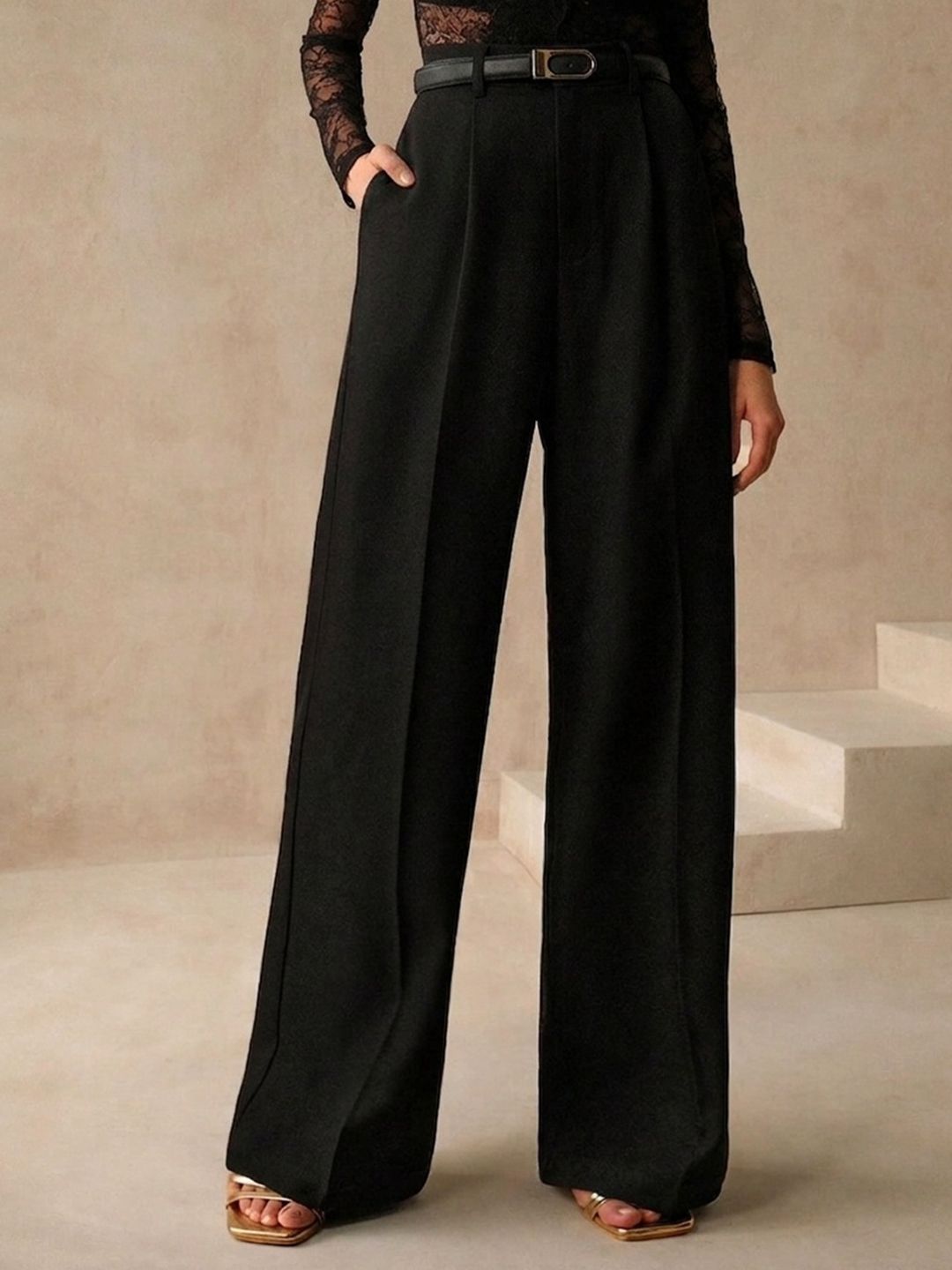 Chemistry Women Relaxed Straight Leg Loose Fit High-Rise Pleated Trousers-picture-21