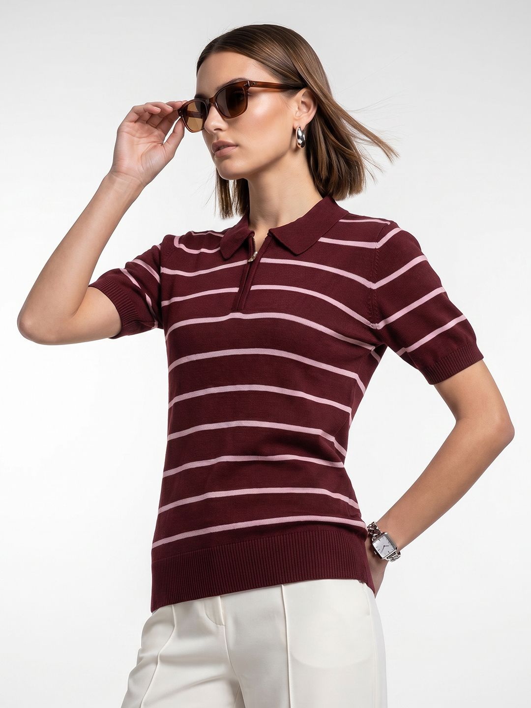 French Connection Striped Polo Collar Top-picture-56