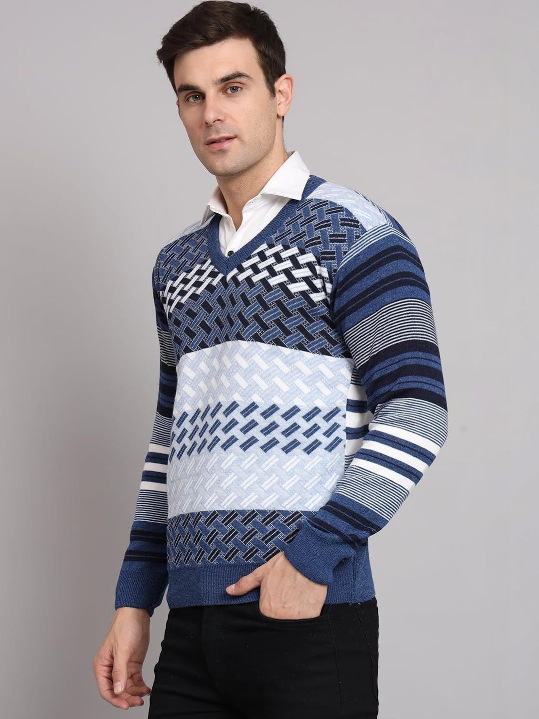 eWools Men Striped Colourblocked Woollen Pullover-picture-27