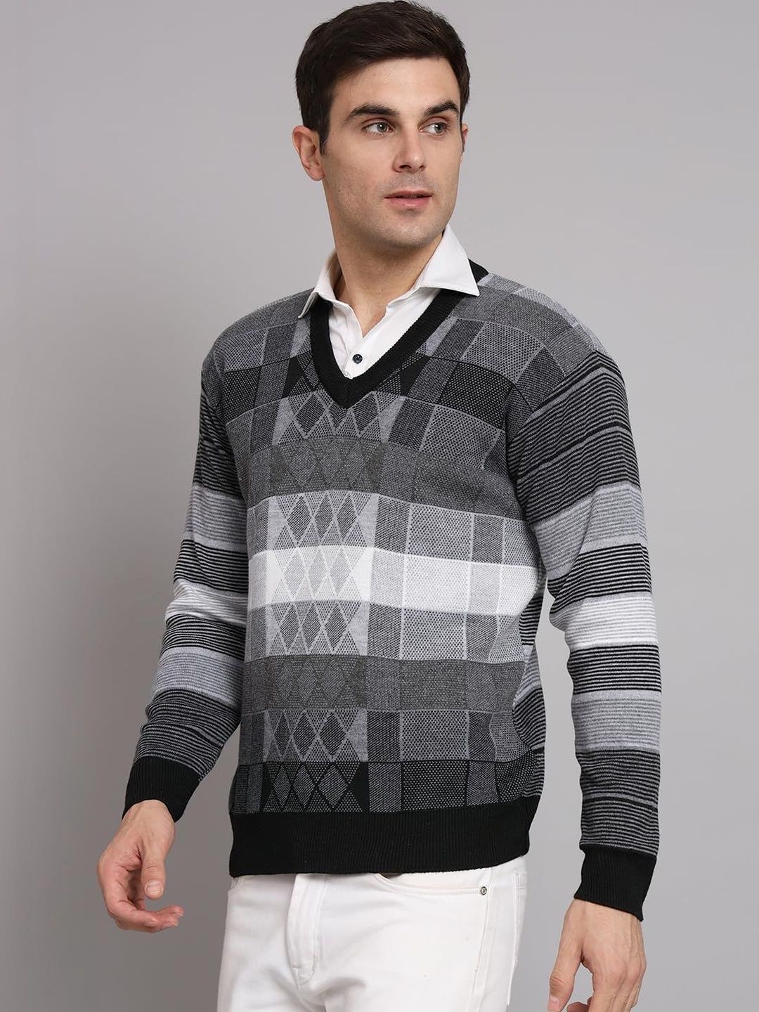eWools Men Checked Colourblocked Woollen Pullover-picture-18