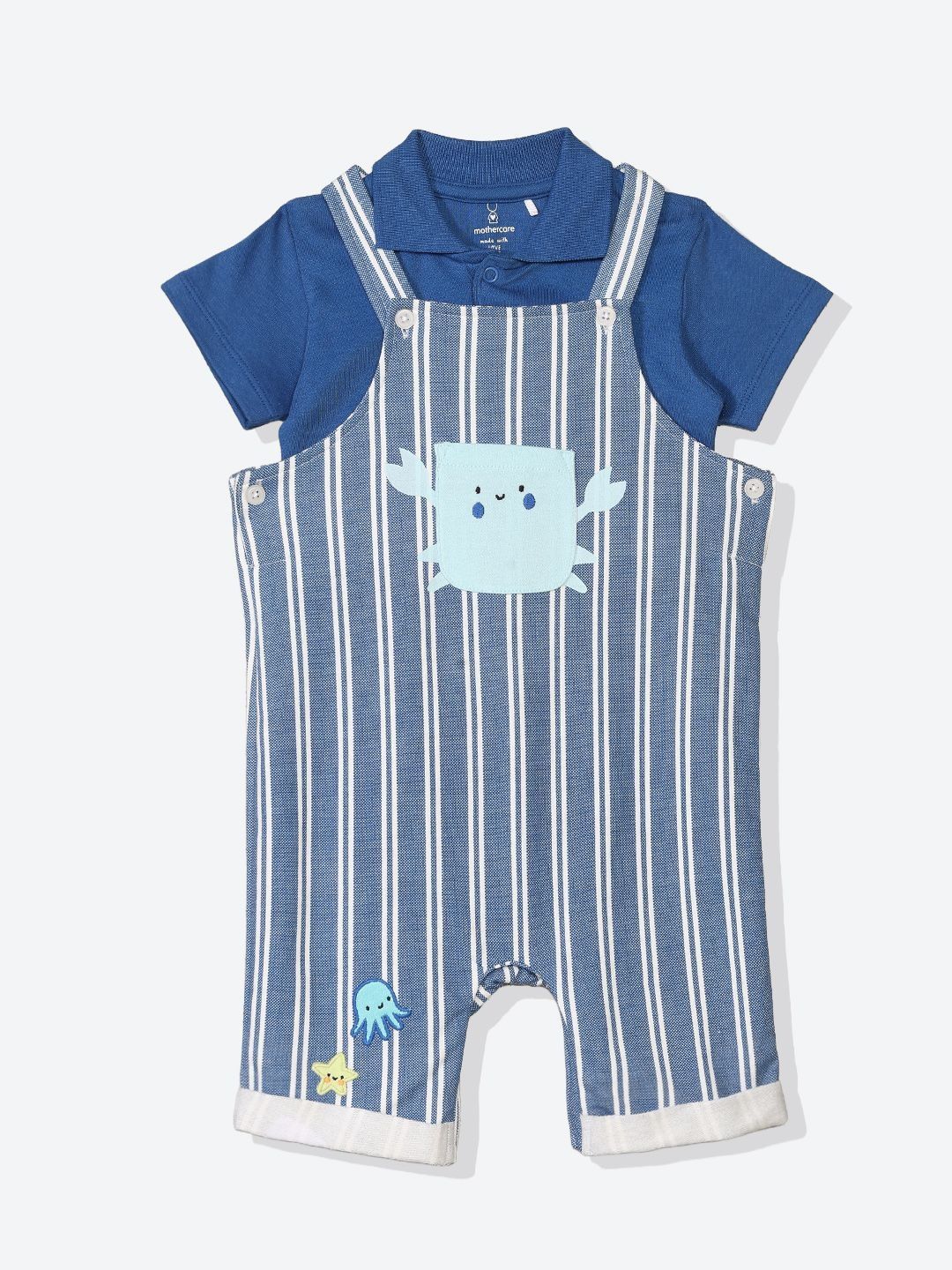 mothercare Infant Boys Striped Pure Cotton Dungarees with T-Shirt-picture-27