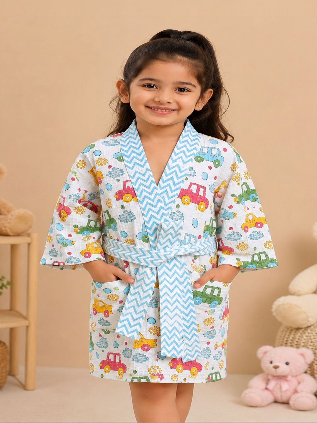 Rangi Saga Kids Cars Printed Cotton Knee Length Bath Robe With Belt-picture-21