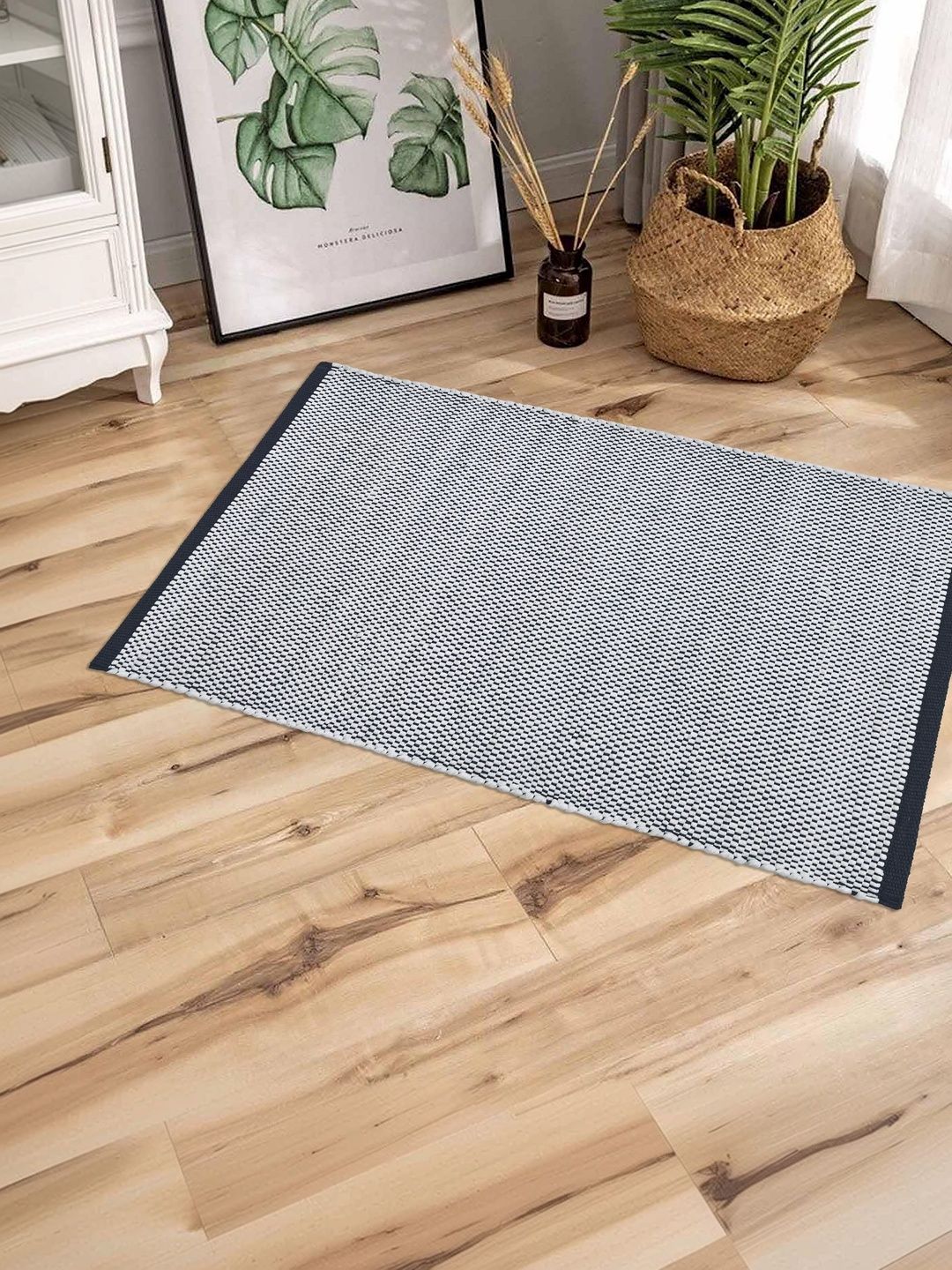 Homzz Kids Grey & White Textured Cotton Anti-Skid Dhurrie-image-3