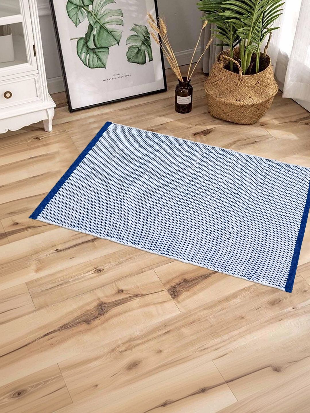 Homzz Kids Blue & White Textured Cotton Anti-Skid Dhurrie-image-47