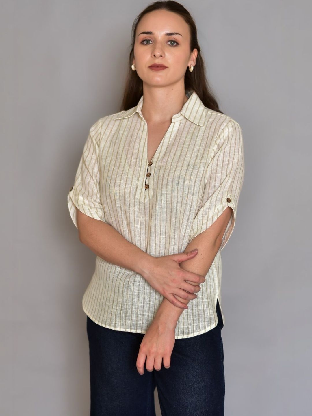 SEREN MILANO Striped Roll-Up Sleeves Cotton Top-image-42