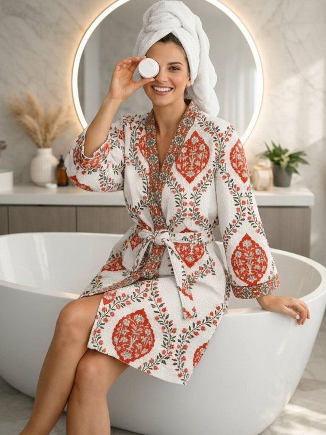 TrueYarns Pure Cotton Printed Knee Length Bath Robe and Wraps-image-14