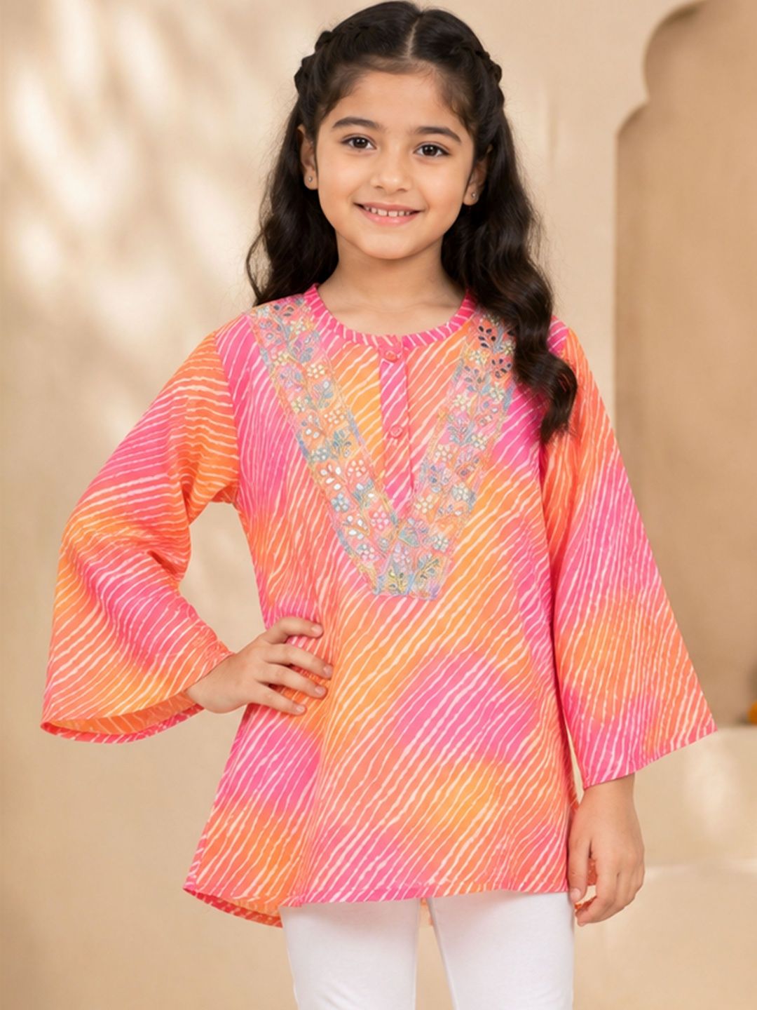 KiddoPanti Girls Printed Flared Sleeves Thread Work Kurta-picture-10